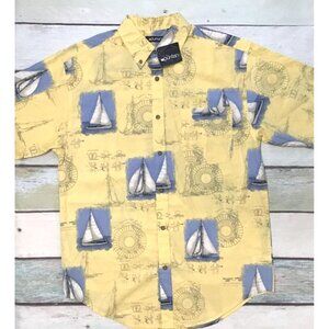 Puritan Nautical Shirt Mens Medium Yellow Boats Button Down NWT